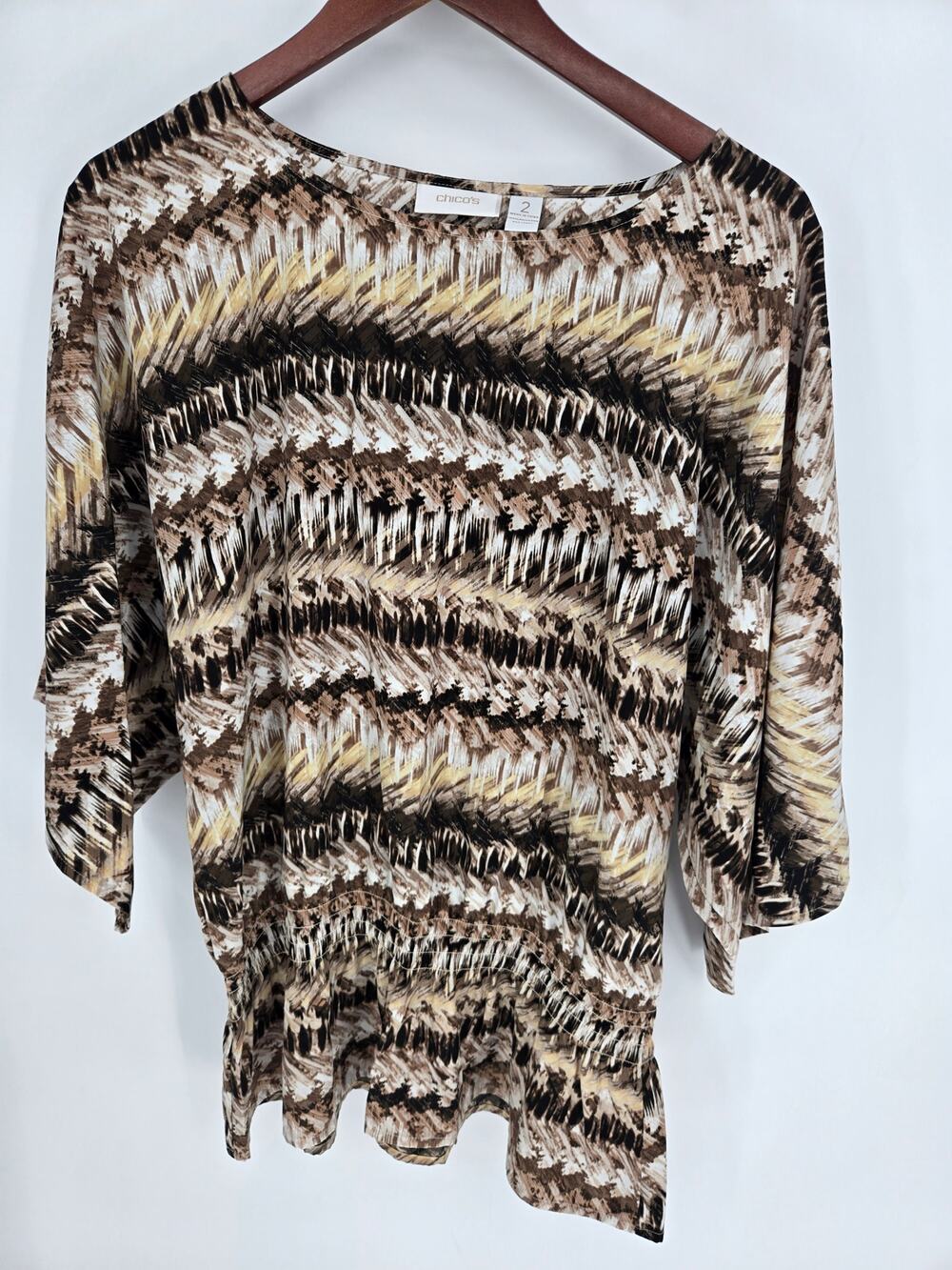 Chico's tan brown striped zigzag pattern 1/2 sleeve dolman sleeve Size 2 Large